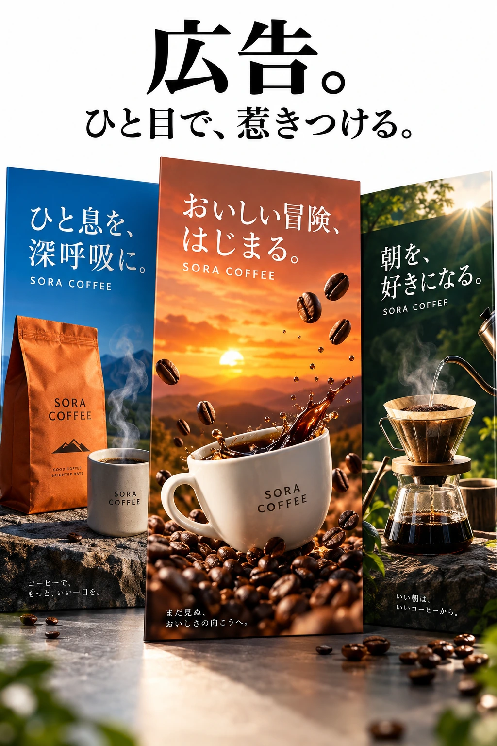 広告。ひと目で、惹きつける。青、オレンジ、緑の3つの広告表現。