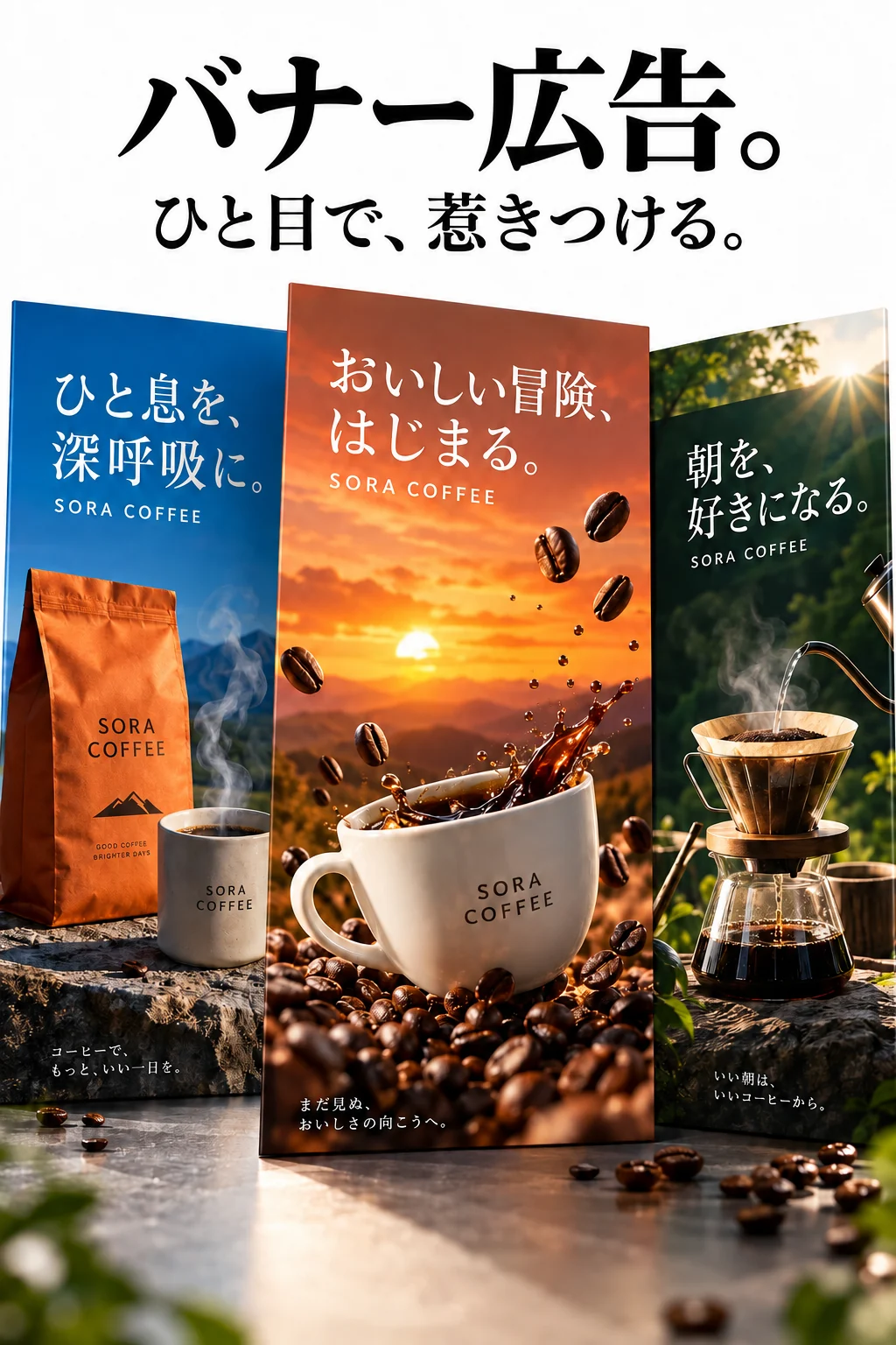 バナー広告。ひと目で、惹きつける。青、オレンジ、緑の3つのコーヒーのバナー。