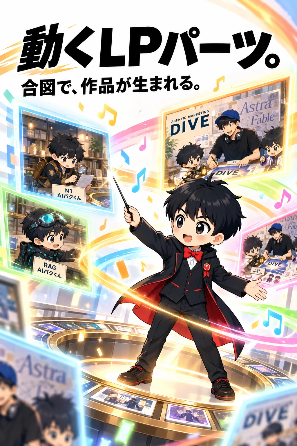 動くLPパーツ。合図で、作品が生まれる。指揮棒を振るCMO AIパクくんと、切り替わる広告。