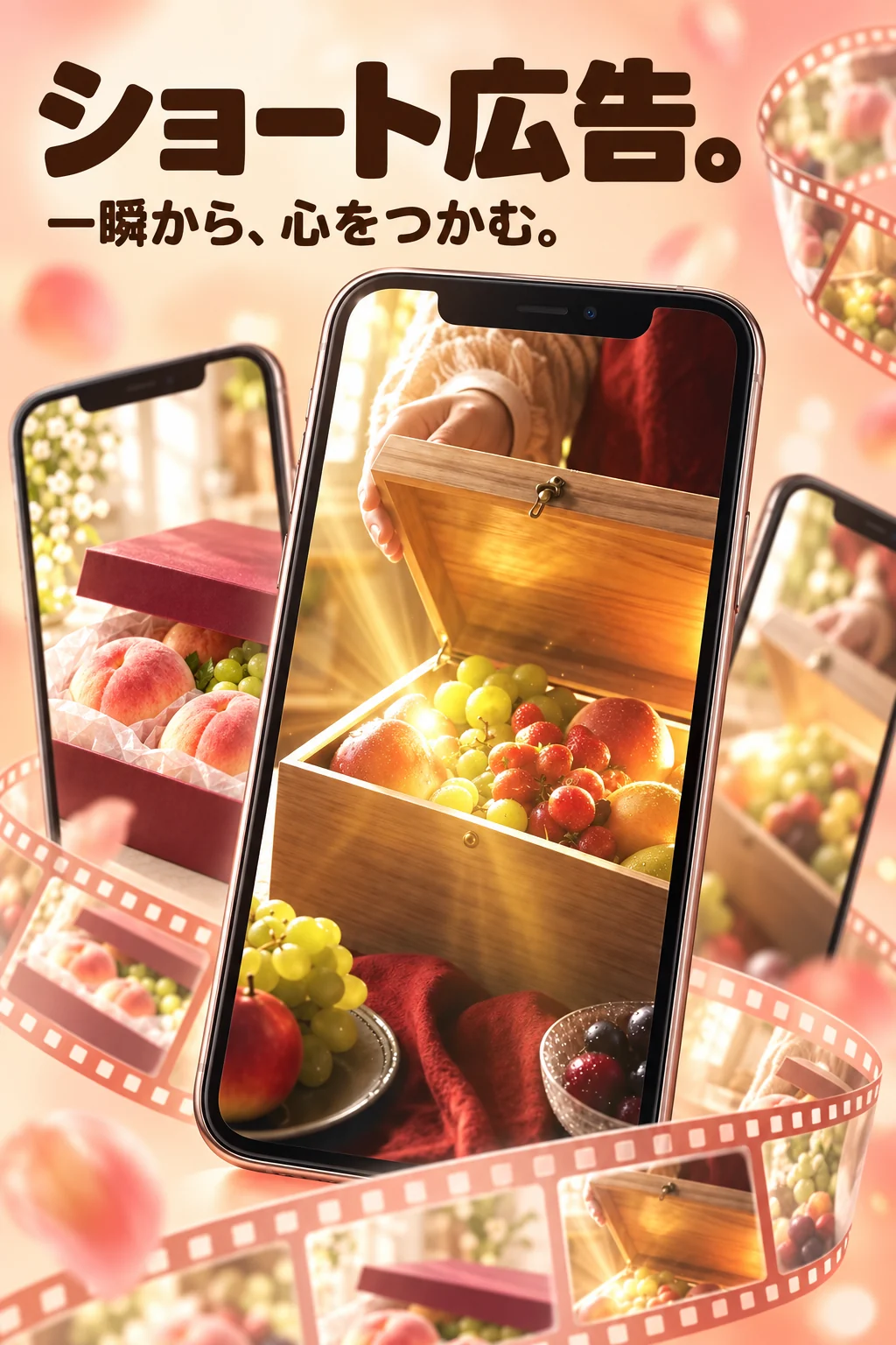 ショート広告。一瞬から、心をつかむ。スマートフォンに映る、果物の木箱を開ける瞬間。