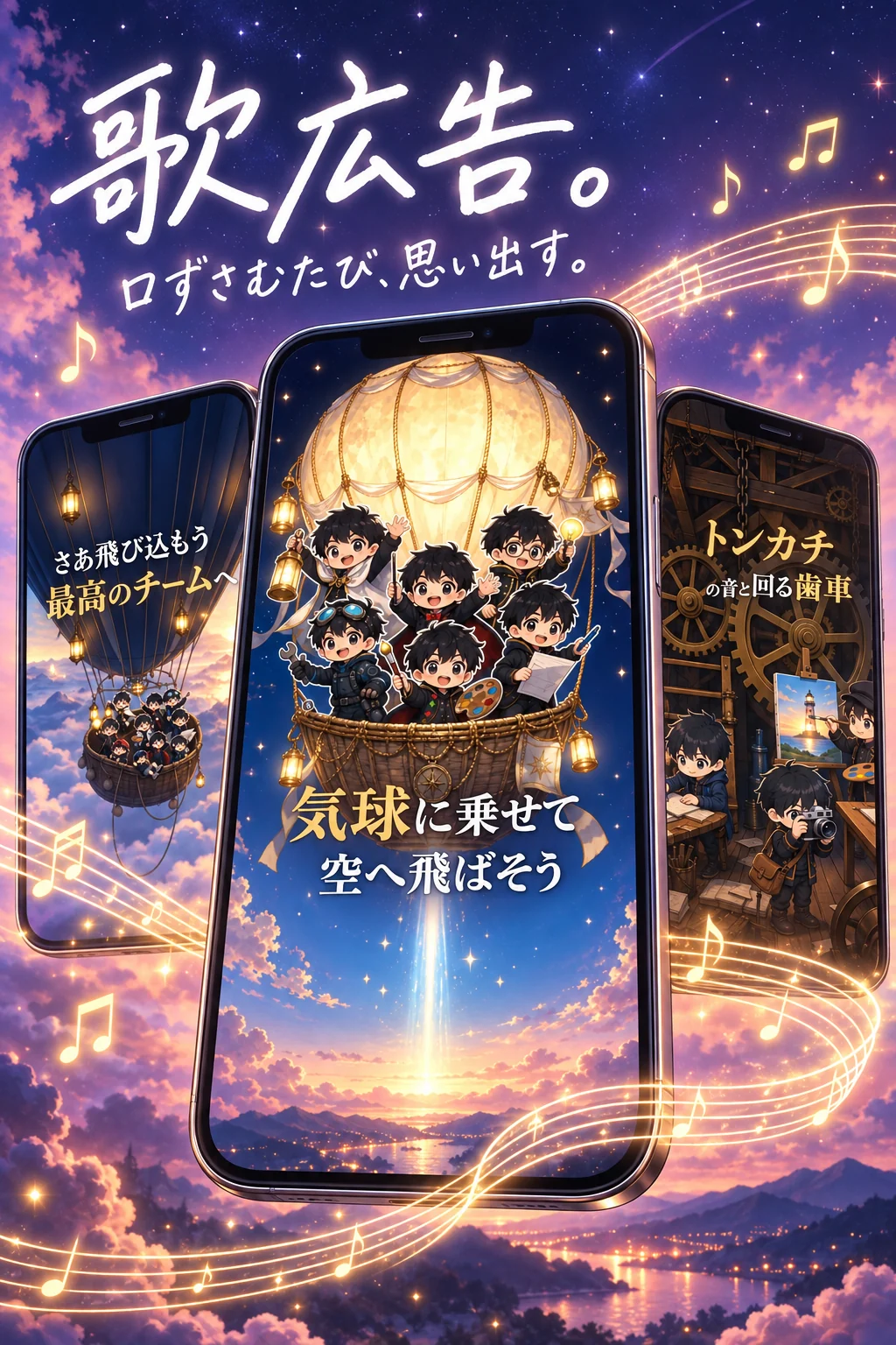 歌広告。口ずさむたび、思い出す。スマートフォンに映る、気球で空へ向かう仲間たちの歌広告。