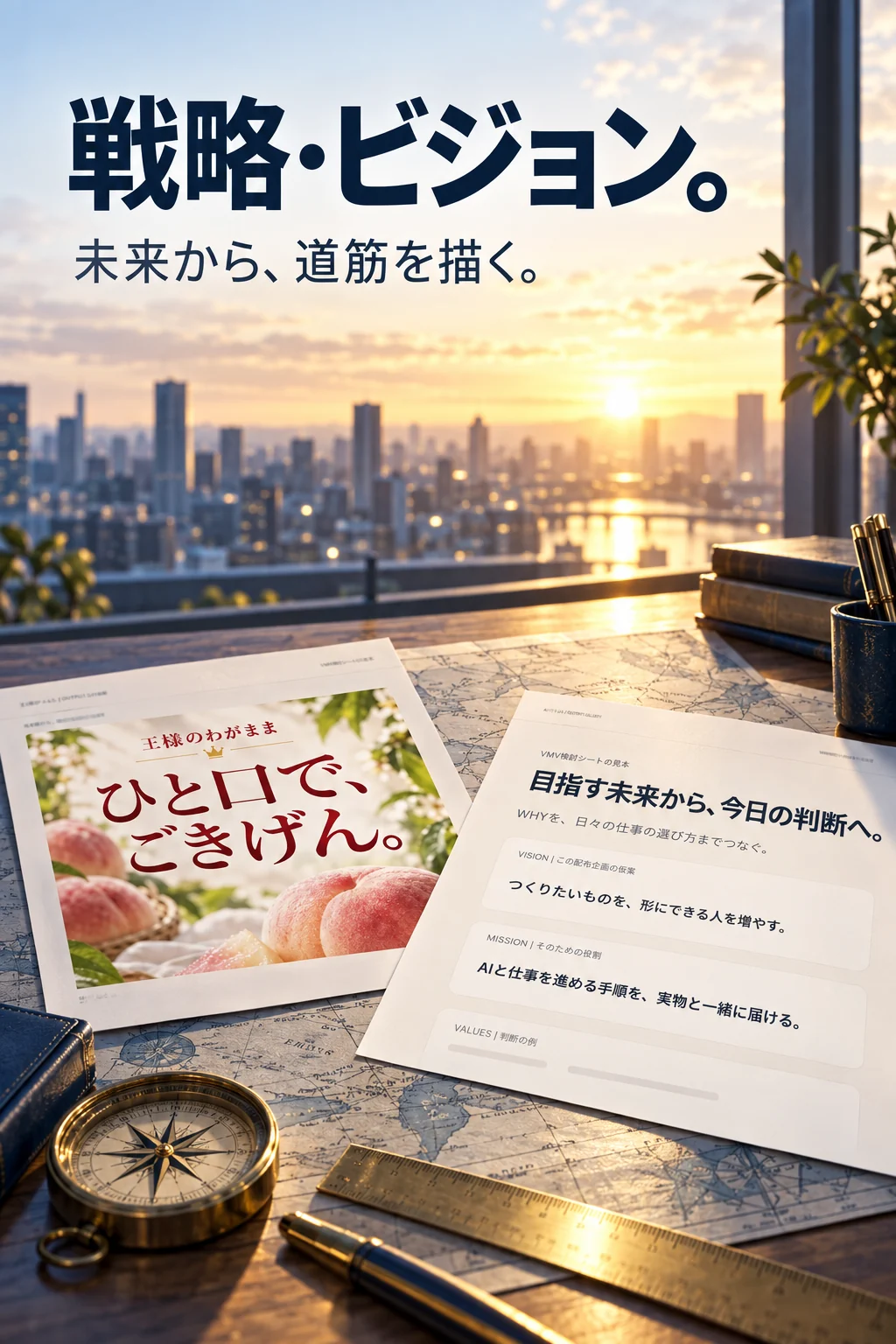 戦略・ビジョン。未来から、道筋を描く。夜明けの机に広げた戦略とビジョンの資料。