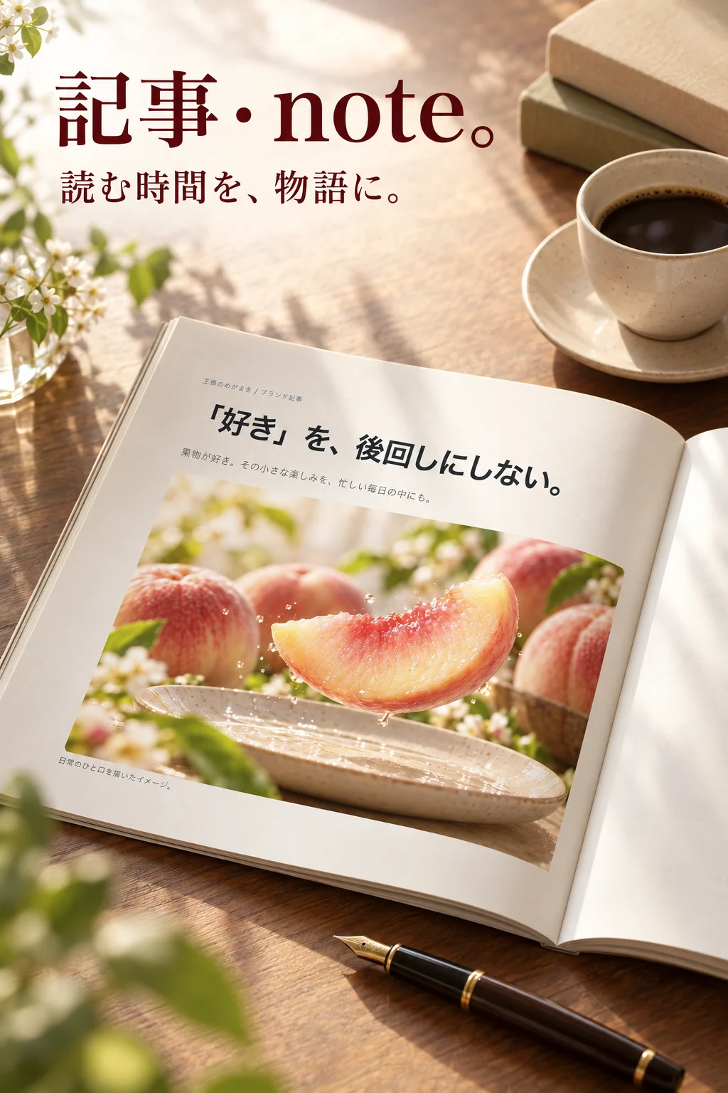 記事・note。読む時間を、物語に。机の上に開いた果物の記事。
